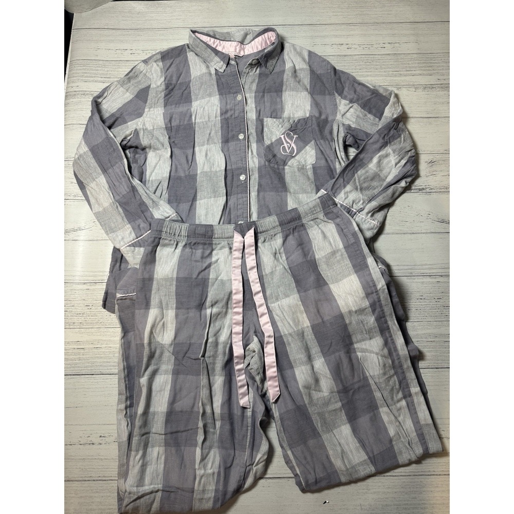 Victorias Secret PJ's Long Sleeve Button Shirt Front VS Plaid Grey Medium Preppy